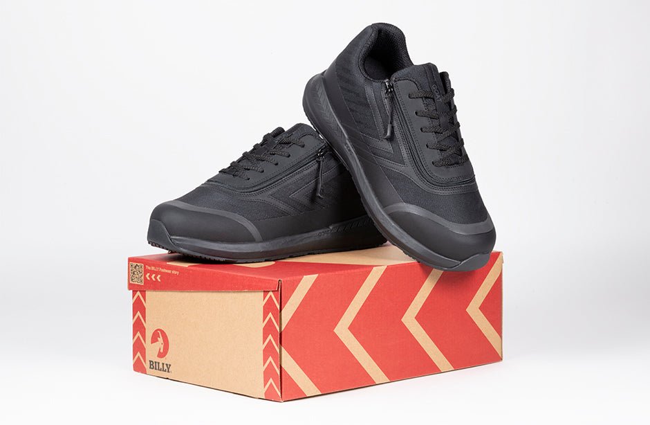 Men's Black BILLY Goat AFO-Friendly Shoes on box, ideal for orthotics, diabetes, plantar fasciitis, bunions, wide feet, wheelchair use.
