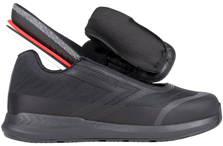 Men's Black BILLY Goat AFO-Friendly Shoes for Diabetes, Plantar Fasciitis, bunions, wide feet, and orthotics; side view with insoles shown.