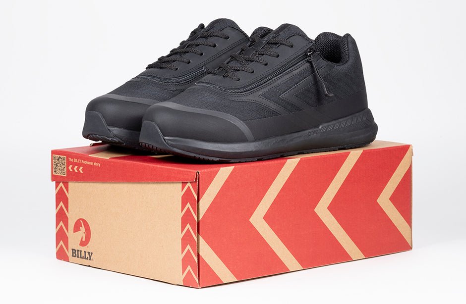 Men's black BILLY Goat AFO-Friendly shoes on box. Ideal for diabetes, plantar fasciitis, bunions, wide feet, and orthotics use.