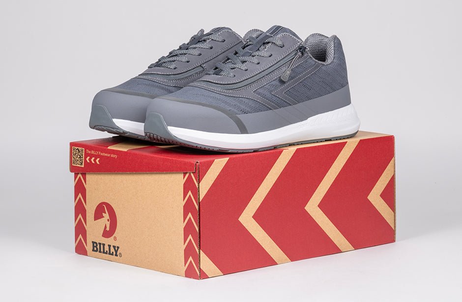 Men's Charcoal BILLY Goat AFO-Friendly Shoes on box, ideal for diabetes, plantar fasciitis, bunions, wide feet, orthotics.