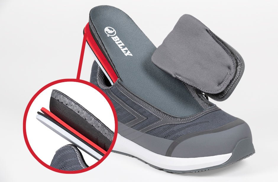 Men's charcoal BILLY Goat AFO-Friendly shoe with detailed view of insoles and zipper, ideal for diabetes, plantar fasciitis, orthotics.