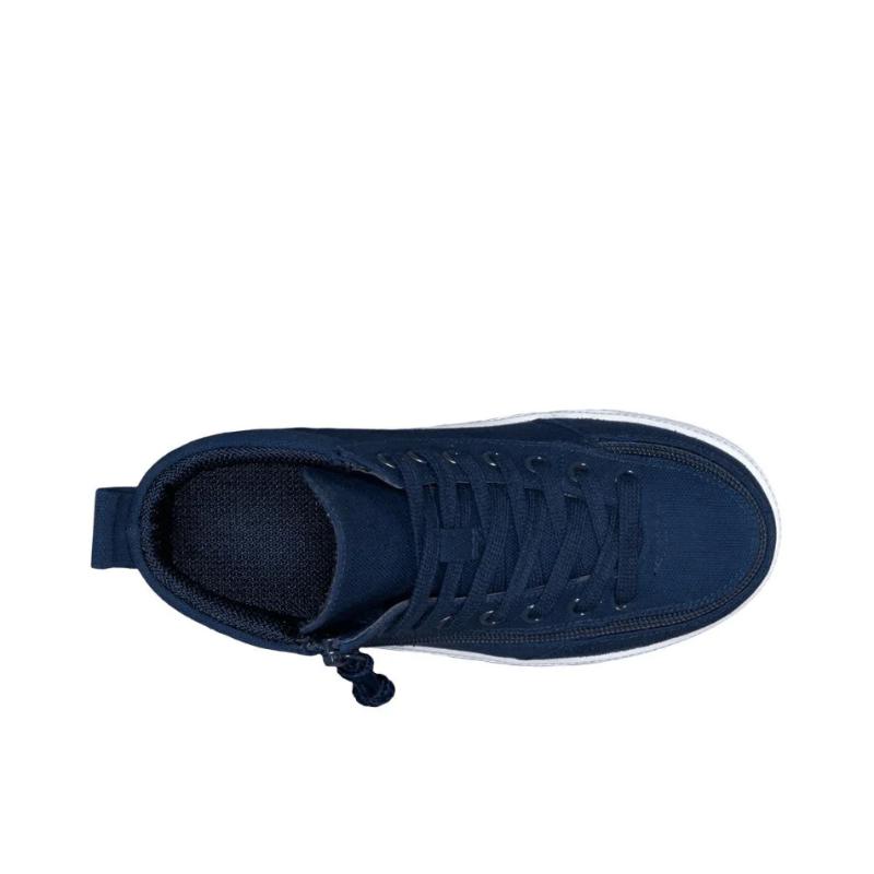Top view of navy BILLY Classic D|R High Tops with wrap-around zipper, ideal shoes for diabetes, plantar fasciitis, and wide feet.