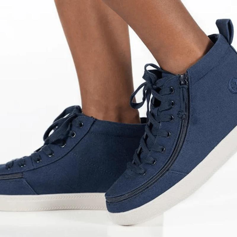 Navy BILLY Classic High Tops worn; ideal for diabetes, plantar fasciitis, bunions, wide feet, wheelchair use, and orthotics.