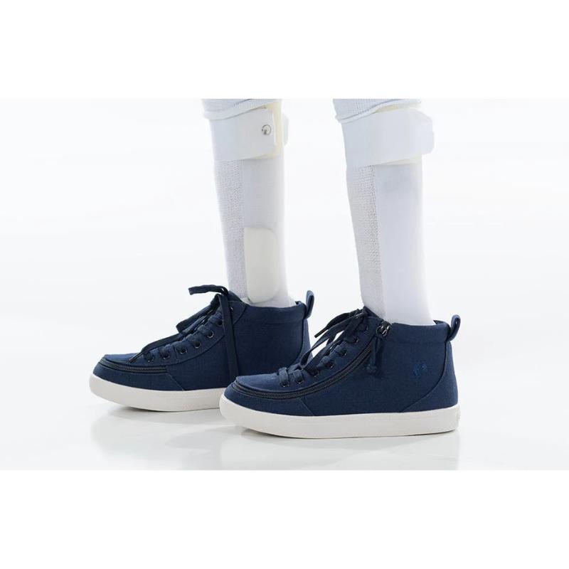 Navy BILLY Classic D|R High Tops shoes for diabetes, plantar fasciitis, and bunions with easy zipper access shown on model.