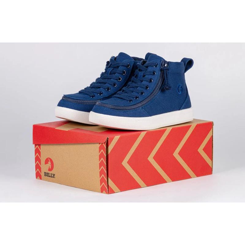 Navy BILLY Classic D|R High Tops on box; adaptable shoes for diabetes, plantar fasciitis, bunions, wide feet, orthotics, wheelchair use.