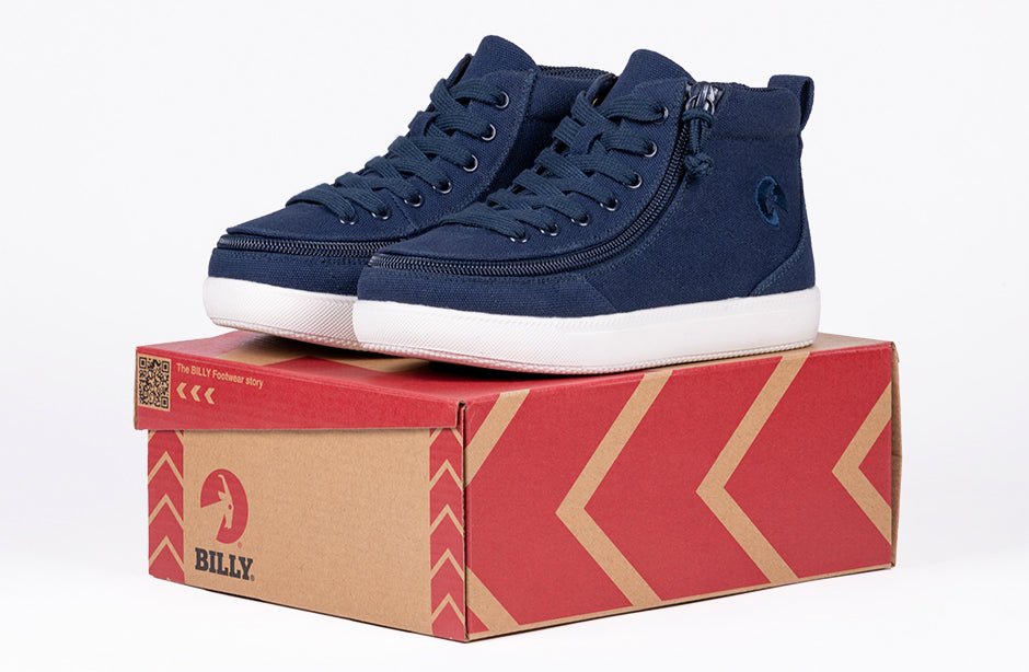 Navy BILLY Classic D|R II High Tops with lace-up and zipper closure for diabetes, plantar fasciitis, bunions, and wide feet support.