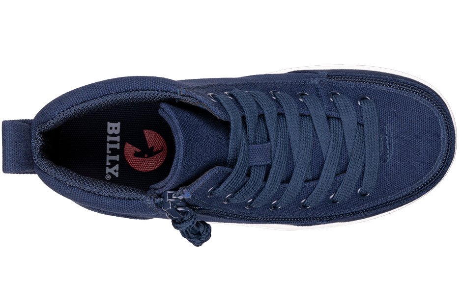 Top view of Navy BILLY Classic D|R II High Tops, adjustable laces, ideal for diabetes, plantar fasciitis, and wide feet comfort.