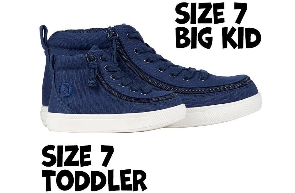 Navy BILLY Classic D|R II High Tops in size 7 for toddlers and big kids with zippers, ideal for wide feet and orthotics.