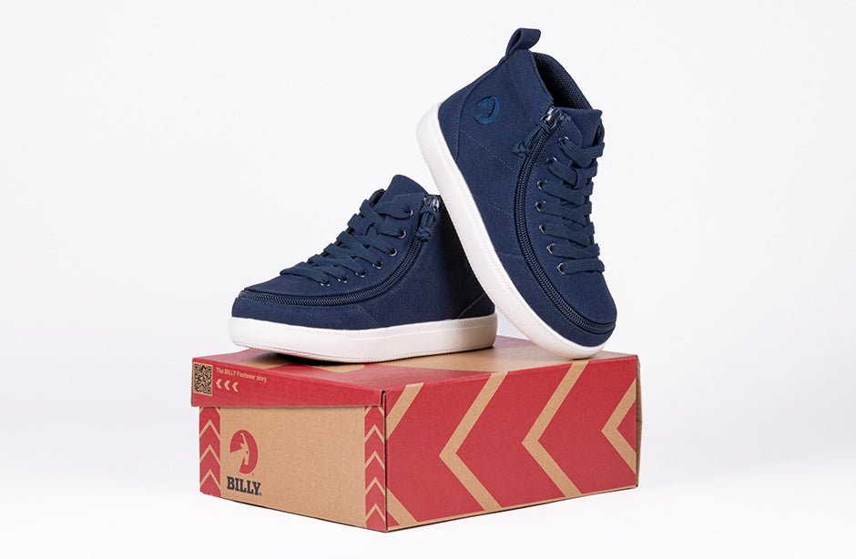 Navy BILLY Classic D|R II High Tops on box, ideal shoes for diabetes, plantar fasciitis, bunions, wide feet, and wheelchair use.