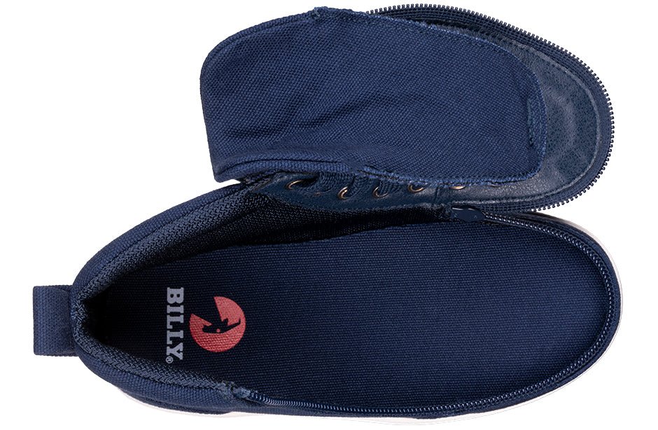 Navy BILLY D|R II High Tops with full wrap-around zipper for easy entry; ideal for diabetes, plantar fasciitis, bunions, and orthotics.
