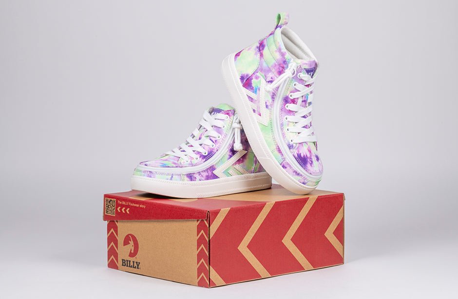 Purple Watercolor BILLY CS High Tops for diabetes, plantar fasciitis, bunions, wide feet, orthotics, wheelchair use on a BILLY box.