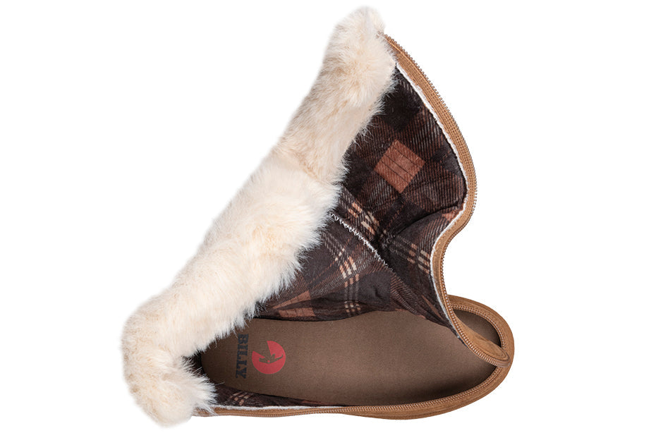 Interior view of Kids Chestnut BILLY Cozy Boots showcasing the soft flannel lining, tailored for comfort and style, ideal for wide and extra wide feet.