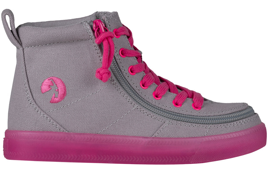 Grey/Pink BILLY Classic Lace High Tops, shoes for diabetes and plantar fasciitis, toddler to big kid, canvas and rubber, vibrant outsole.
