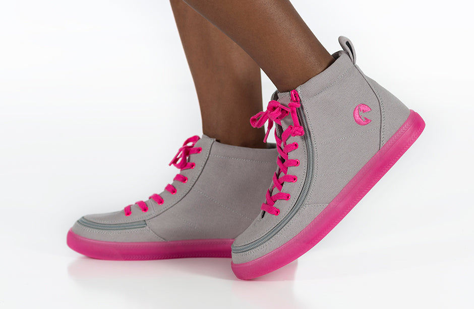 Grey/Pink BILLY Classic Lace High Tops, shoes for diabetes, plantar fasciitis, bunions, wide feet, orthotics, and wheelchair use.