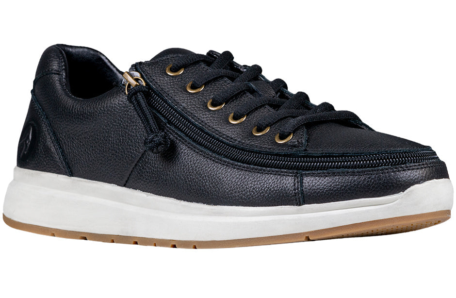 Men's Black Leather BILLY Comfort Lows with zipper, suitable for diabetes, plantar fasciitis, bunions, wide and orthotic use.