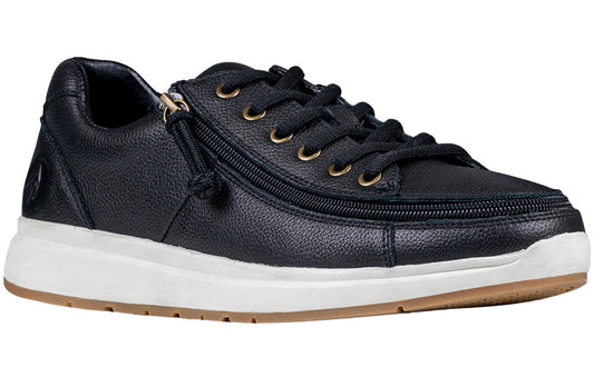 Men's Black Leather BILLY Comfort Lows with zipper, suitable for diabetes, plantar fasciitis, bunions, wide and orthotic use.