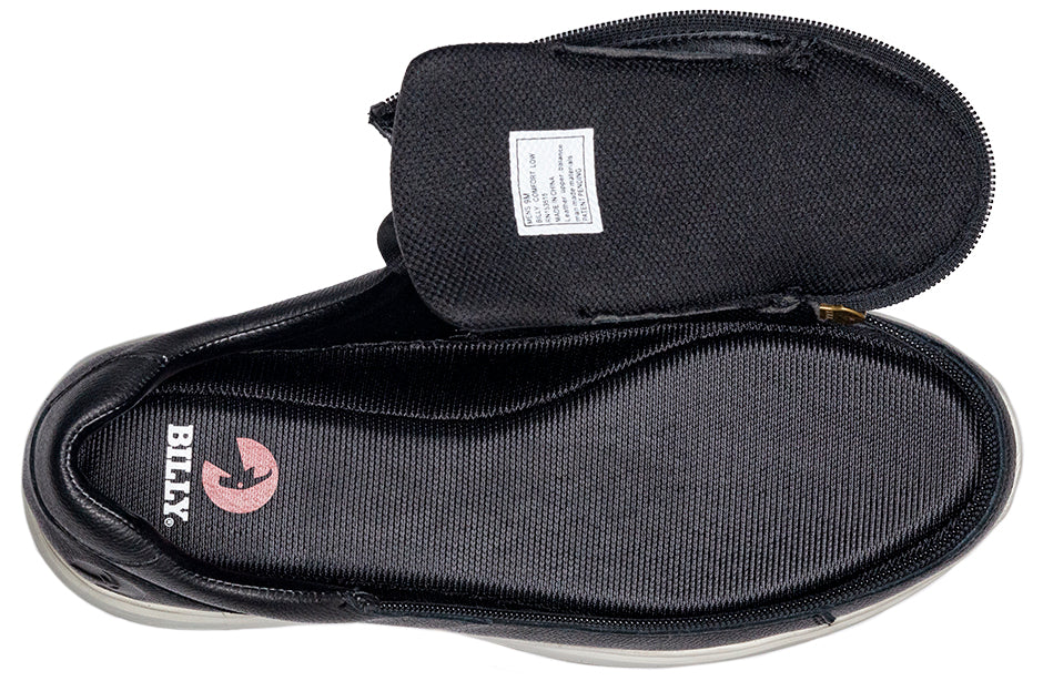 Men's black leather comfort shoes with wraparound zipper for easy access, suitable for diabetes, plantar fasciitis, bunions, and orthotics.