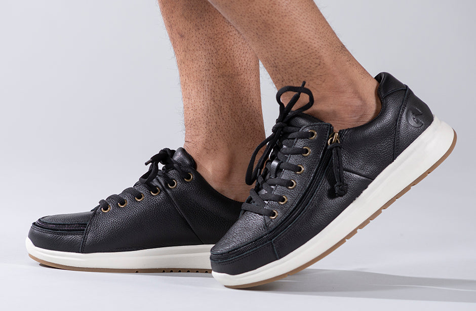 Men's Black Leather BILLY Comfort Lows with wraparound zipper, ideal for bunions, wide feet, diabetic and orthopedic needs.