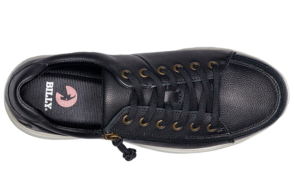 Men's Black Leather BILLY Comfort Lows, ideal for diabetes, plantar fasciitis, bunions, wide feet, and orthotic use, with a zipper.