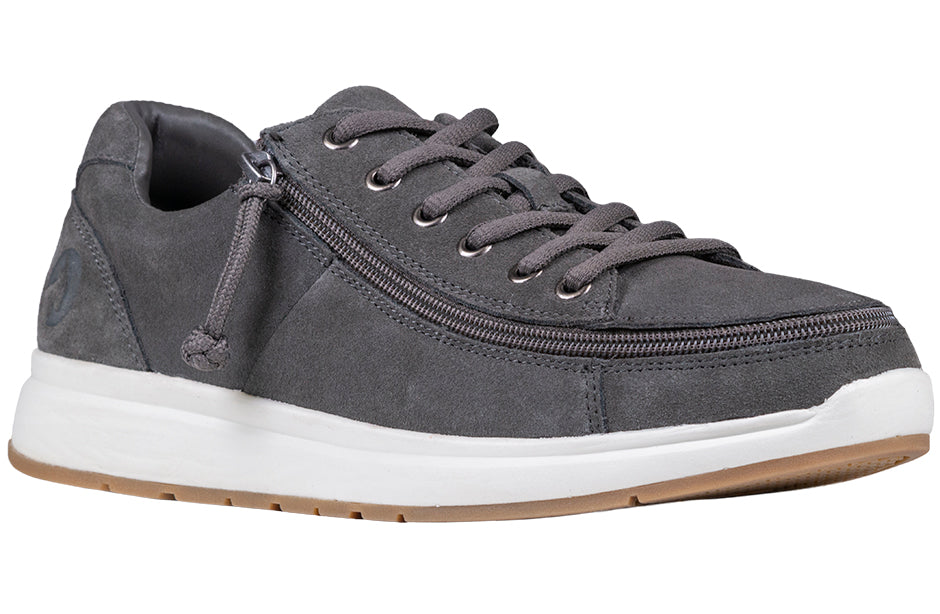 Men's Grey Suede BILLY Comfort Lows with wraparound zipper for easy wear, ideal shoes for diabetes, plantar fasciitis, and wide feet.