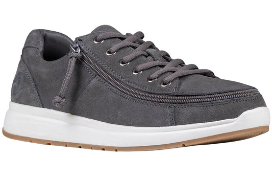 Men's Grey Suede BILLY Comfort Lows with wraparound zipper for easy wear, ideal shoes for diabetes, plantar fasciitis, and wide feet.