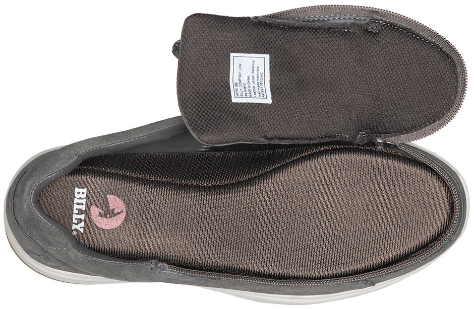 Men's grey suede comfort shoe with open wraparound zipper, ideal for wide feet, diabetes, bunions, plantar fasciitis, and orthotics.