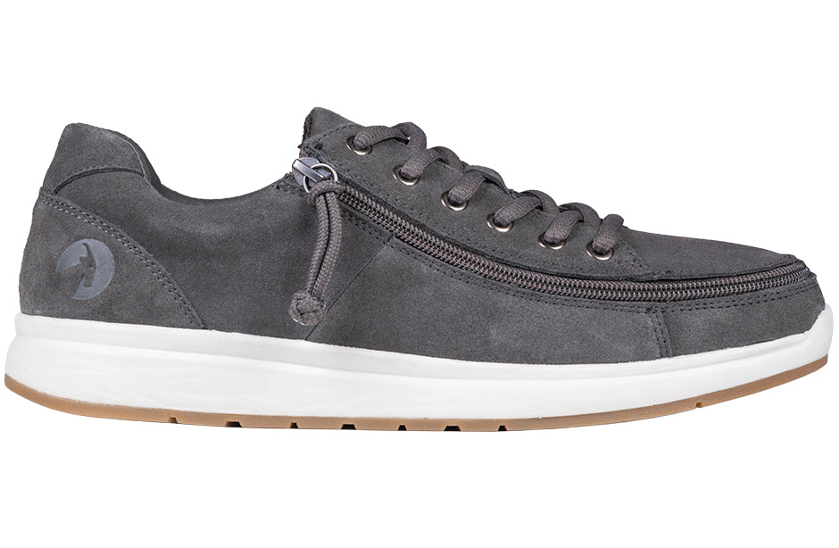 Men's grey suede comfort shoes with wraparound zipper, ideal for diabetes, plantar fasciitis, bunions, wide feet, and orthotic use.