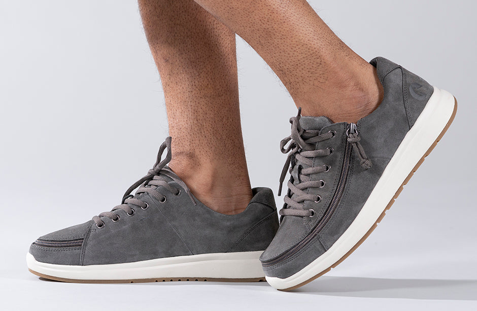 Men's grey suede comfort shoes with zipper, ideal for diabetes, plantar fasciitis, bunions, and wide feet.