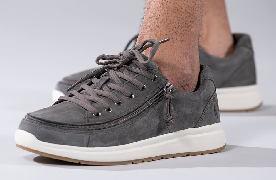 Men's grey suede comfort shoes with wraparound zipper, ideal for diabetic, plantar fasciitis, bunions, wide feet, and orthotics.