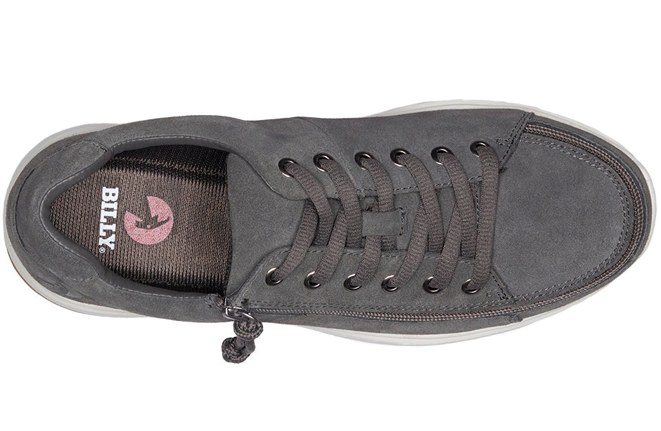 Men's Grey Suede BILLY Comfort Low Shoe with wraparound zipper, suitable for diabetes, plantar fasciitis, bunions, and wide feet.