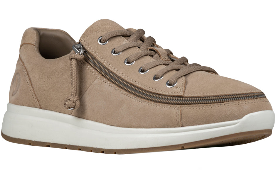 Men's Tan Suede BILLY Comfort Lows with zippers, ideal for diabetes, plantar fasciitis, bunions, wide feet, and orthotic use.