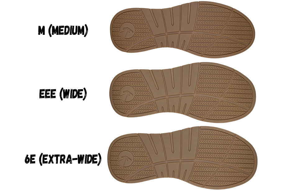 Shoe sole comparison showing sizes: Medium, Wide (EEE), Extra-Wide (6E) for BILLY Comfort Lows.