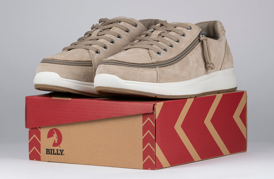 Men's tan suede comfort shoes with wraparound zipper on BILLY box, suitable for diabetes, plantar fasciitis, bunions, wide feet, orthotics.