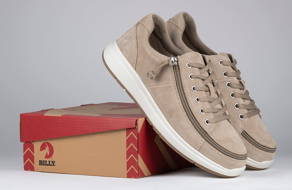 Men's tan suede comfort shoes with wraparound zipper, ideal for diabetes, plantar fasciitis, bunions, wide feet, and orthotics.