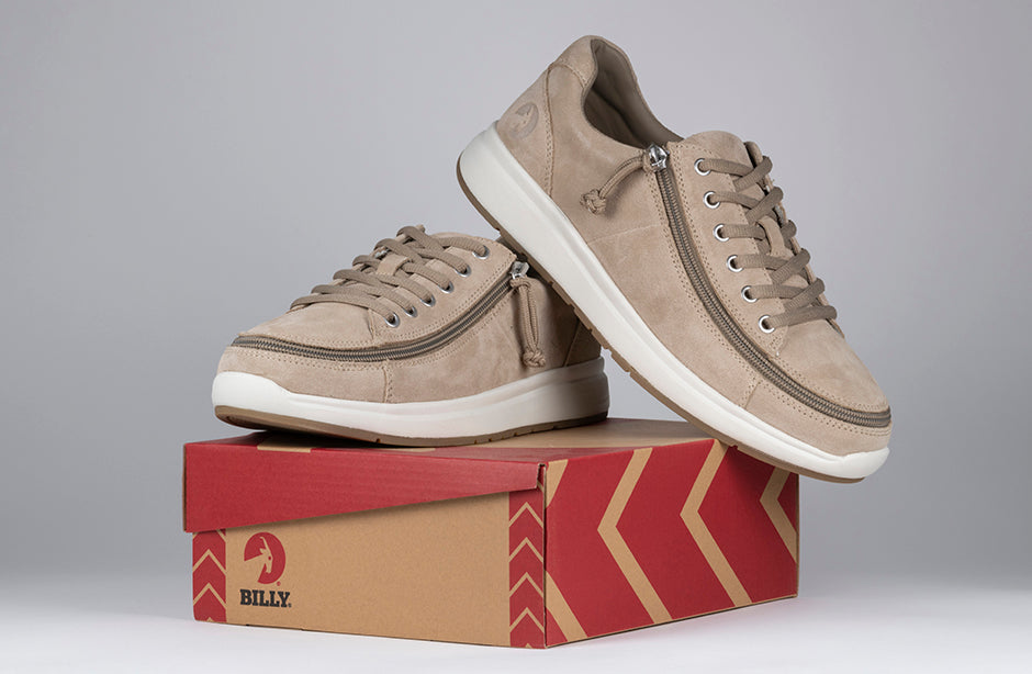 Men's Tan Suede BILLY Comfort Lows with wraparound zipper for easy wear, ideal for diabetes, plantar fasciitis, and wide feet.