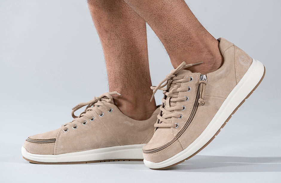 Men's tan suede comfort shoes with zip, ideal for plantar fasciitis, bunions, wide feet, diabetes, and orthotics use.