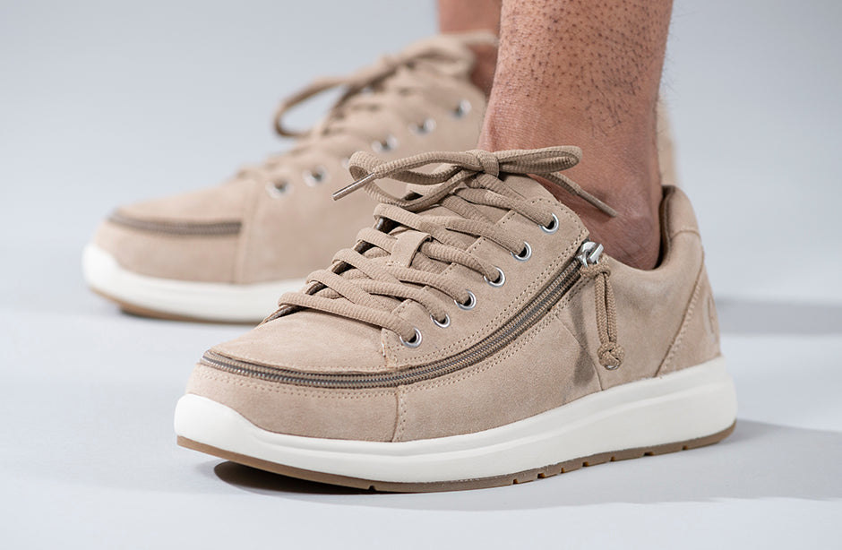 Men's tan suede comfort shoes with wraparound zipper, ideal for diabetics, plantar fasciitis, bunions, wide feet, and orthotics.
