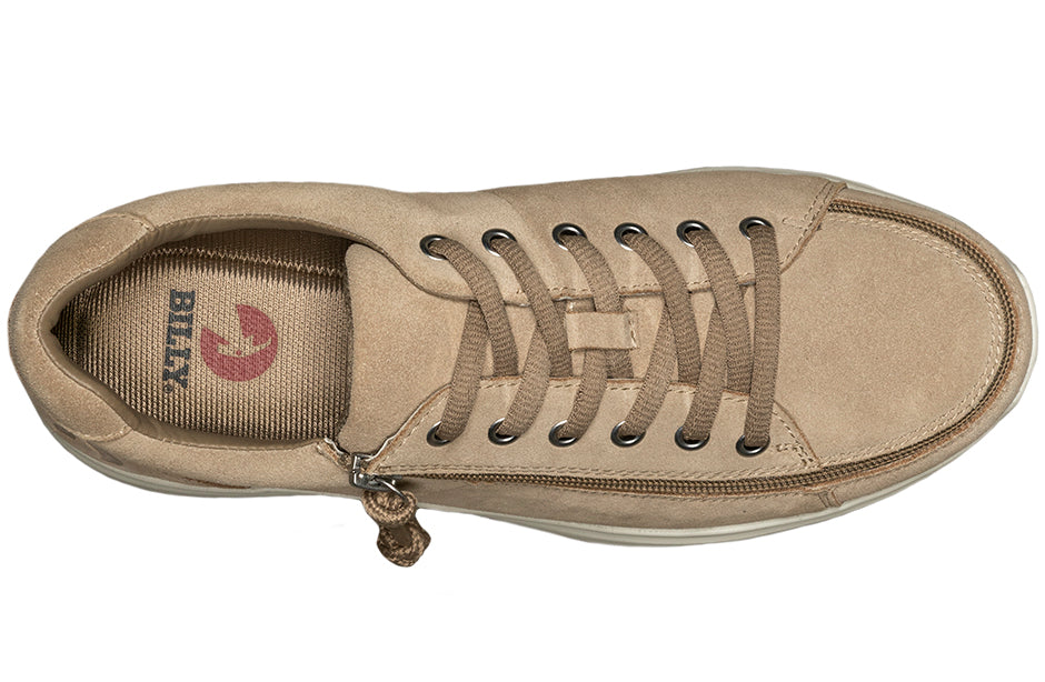 Men's Tan Suede BILLY Comfort Lows, top view showing wraparound zipper, suitable for diabetes, plantar fasciitis, bunions, wide feet.