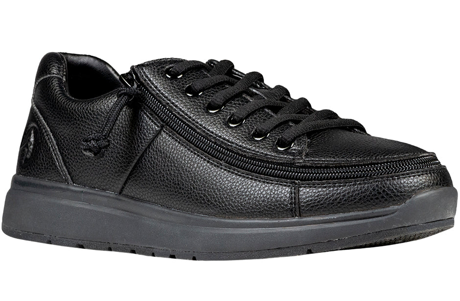 Men's black work comfort shoe with zipper. Ideal for diabetes, plantar fasciitis, bunions, wide feet, orthotics, wheelchair use.