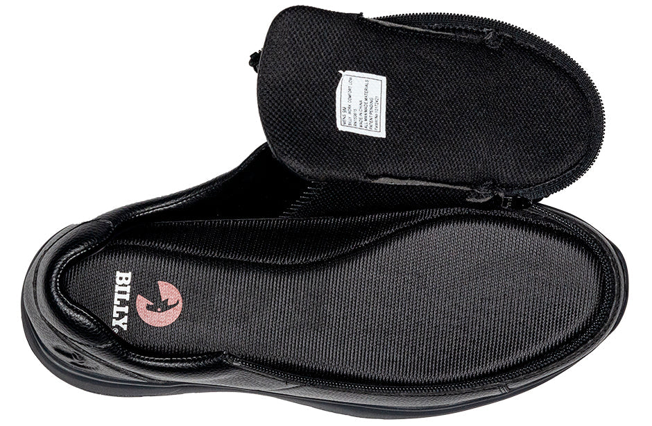 Men's black comfort work shoes with wraparound zipper, ideal for diabetes, plantar fasciitis, bunions, wide feet, and orthotics.