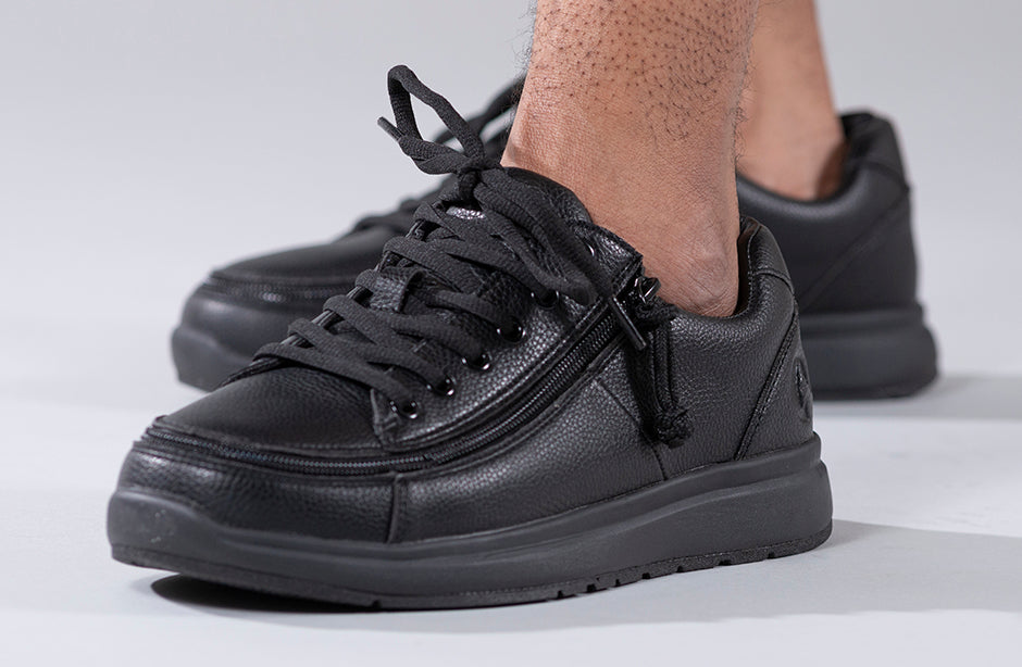 Men's black comfort work shoes, slip-resistant with zipper, ideal for diabetics, plantar fasciitis, bunions, wide feet, and orthotics.
