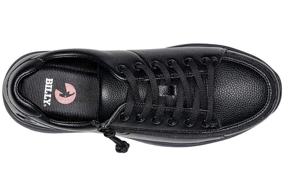 Top view of Men's Black to the Floor BILLY Work Comfort Lows, slip-resistant shoe for diabetes, plantar fasciitis, bunions, wide feet.