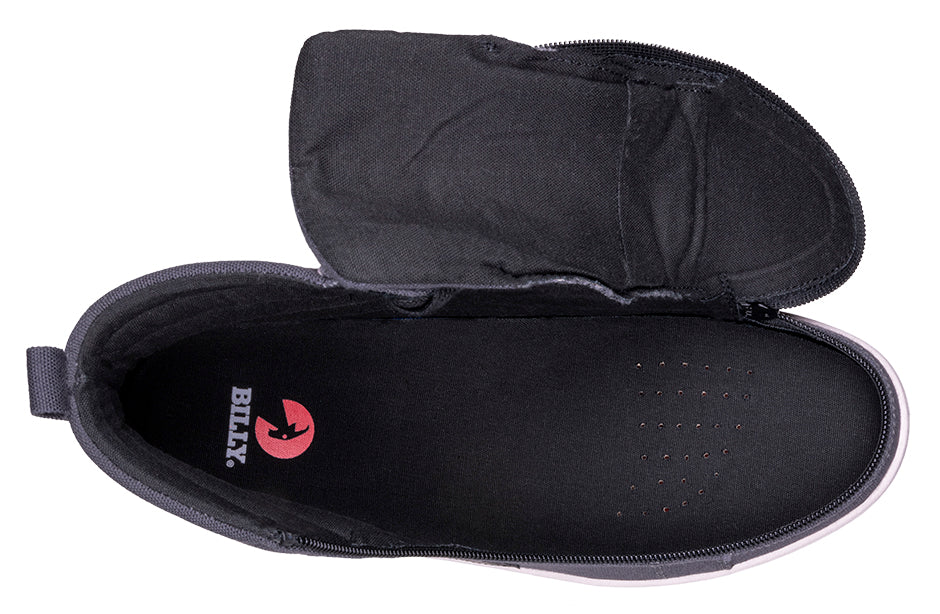 Men's Charcoal/Black BILLY CS 1.0 Sneaker with open wraparound zipper, showing removable insole for orthotics and wide feet.