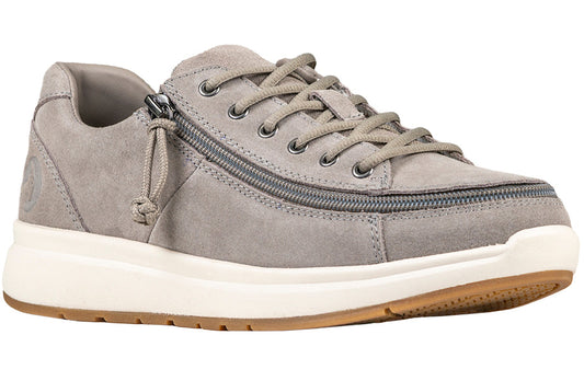 Women's grey suede comfort shoes with wraparound zipper for easy wear. Ideal for diabetes, plantar fasciitis, and orthotics.