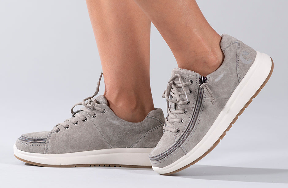 Women's Grey Suede Comfort Lows with wraparound zipper, ideal for diabetes, plantar fasciitis, bunions, and orthotics support.