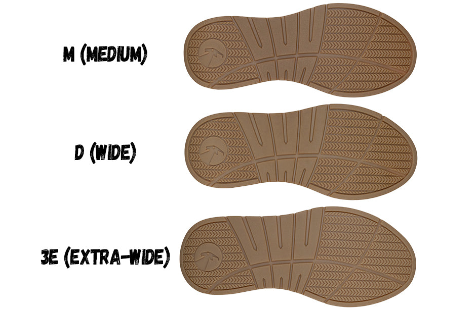 Sole comparison of tan suede women's comfort shoes in medium, wide, and extra-wide sizes for diabetic and orthopedic use.