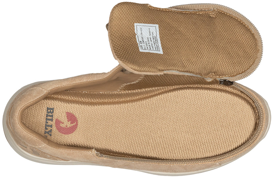 Women's tan suede comfort shoe with wraparound zipper, suitable for diabetes, plantar fasciitis, bunions, and wide feet.
