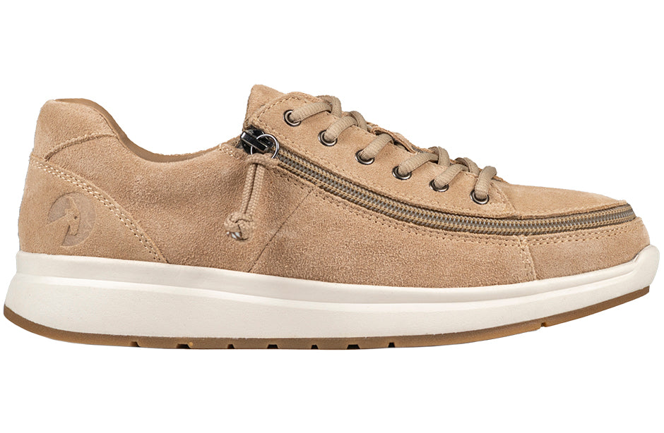 Women's tan suede comfort shoes with wraparound zipper, ideal for diabetes, plantar fasciitis, bunions, and orthotic use.