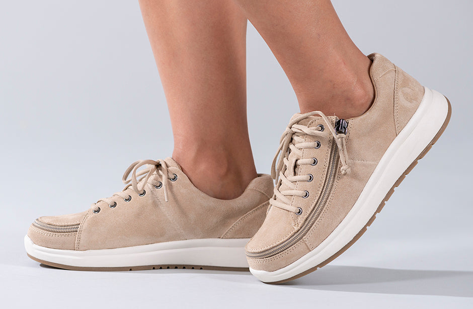 Women's tan suede comfort shoes with wraparound zipper, ideal for diabetes, plantar fasciitis, wide feet, and orthotics.