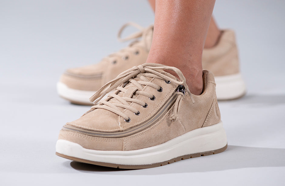Women's tan suede comfort shoes with wraparound zipper, ideal for diabetes, plantar fasciitis, bunions, and orthotics.